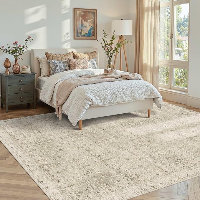 5x7 Area Rugs for Living Room Bedroom, Beige Washable Neutral Rug, Vintage Floral Retro Boho Non Slip & Low Pile Carpet for Dining Room, Classroom, Dorm, Nursery and Kids Room-Beige/Cream