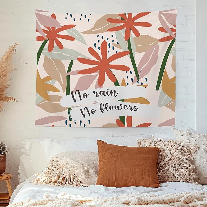 MNOSAIOO Boho Floral Spring Wall Tapestry Hanging for Classroom, Inspirational No Rain No Flower Tapestry, Cute Nursery Tapestries Wall Decor for Bedroom Therapy Girly Room Kids 60x50 inch