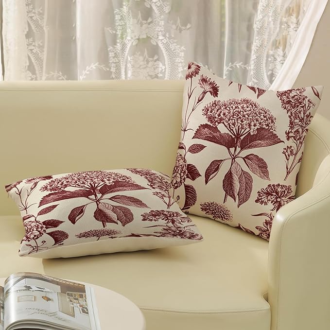 Burgundy Red Pillow Covers 18x18 Set of 2 Vintage Boho Floral Hydrangea Herbs Botanical Throw Pillows Outdoor Flower Decoration Pillowcase Linen Farmhouse Cushion Case Decor for Couch Sofa