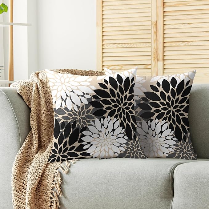 Black White Grey Gray Pillow Covers 18X18 Inch Set of 2, Modern Geometry Dahlia Floral Print Decorative Throw Pillow Covers Outdoor Farmhouse Cushion Case for Home Couch Sofa Bed Decoration