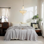 FOSSA Muslin Blanket with Fringe - 4-Layer 100% Cotton Gauze Super Soft & Breathable Throw -Lightweight Decorative Cooling Blanket for Bed, Sofa, Office -Oversize Queen Size 98" x 98" (Grayish)