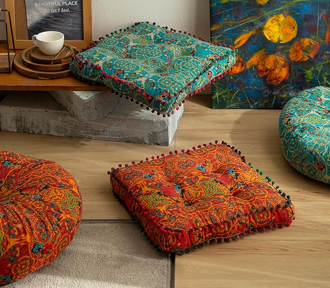 Cotton Linen Morocco Floor Cushions, Meditation Pillow, Futon Tatami Mats, Thickened Square Cushions for Outdoor Fireplace Yoga Living Room Reading Nook (BlueA,17''x17'')