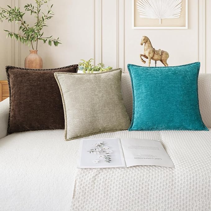 CaliTime Throw Pillow Covers Decorative 12 X 20 Inches Pack of 2 Cotton Thread Stitching Edges Solid Dyed Soft Chenille Cushion Cases for Couch Sofa Bed Living Room Farmhouse Light Taupe