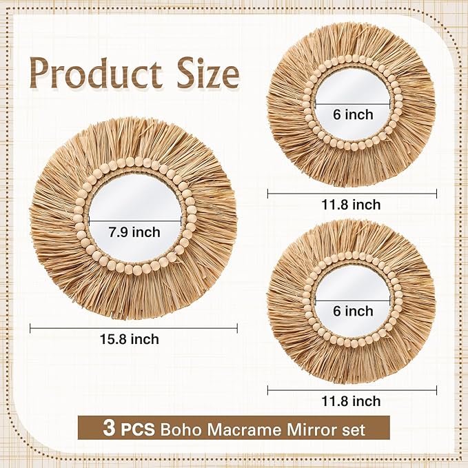 3 Pcs Boho Raffia Mirror Wall Hanging Decor 15.8 Inch 11.8 Inch Rustic Round Boho Circle Mirrors with Wood Bead Farmhouse Aesthetic Nursery Mirrors for Bedroom Living Room Bathroom Wall Decor