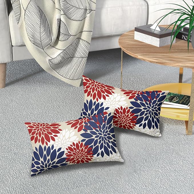 4th of July Blue Red White Pillow Covers 12X20 Inch Set of 2, Modern Geometry Dahlia Floral Print Holiday Decorative Throw Pillow Covers Outdoor Farmhouse Cushion Case for Couch Sofa Bed Decor