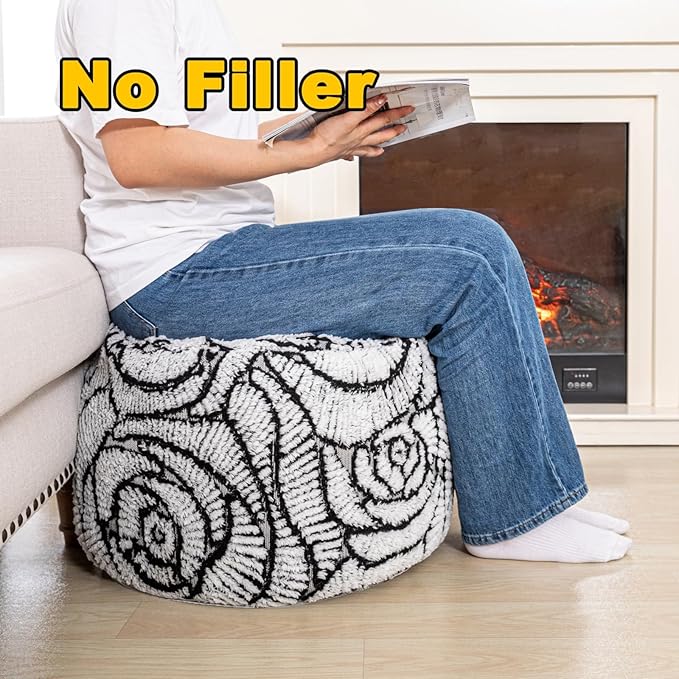 Asuprui Fluffy Flower Pouf Ottoman Cover Only – 20"x14" Round Plush Fuzzy Pouf Shell for Footrest, Stool or Floor Seat, Soft Removable Home Decor (No Insert Included) (Cream)