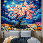 Amhokhui Starry Sky Tapestry Cherry Blossom Tree Tapestry Japanese Anime Tapestries Colorful Floral Flower Tapestries Aesthetic Art Fantasy Landscape Wall Hanging Decor for Home