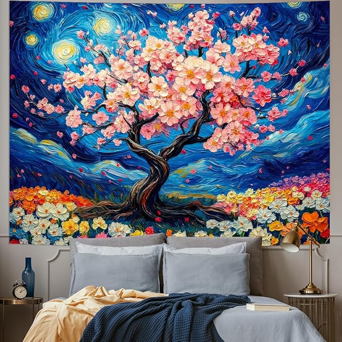 Amhokhui Starry Sky Tapestry Cherry Blossom Tree Tapestry Japanese Anime Tapestries Colorful Floral Flower Tapestries Aesthetic Art Fantasy Landscape Wall Hanging Decor for Home