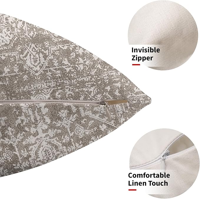 Taupe Gray Ethnic Boho Throw Pillow Covers 18x18 Inch Decorative Square Bohemian Carpet Pattern Vintage Pillow Cases Grey Floral Cushion Covers Farmhouse Home Decor For Sofa Couch Outdoor Set of 2