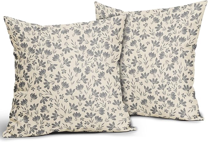 Grey Floral Pillow Covers 20x20 Set of 2 Vintage Rustic Old Style Cute Small Flower Gray Cream Print Decorative Outdoor Pillowcases Farmhouse Throw Cushion Case Decor for Couch Sofa Bed