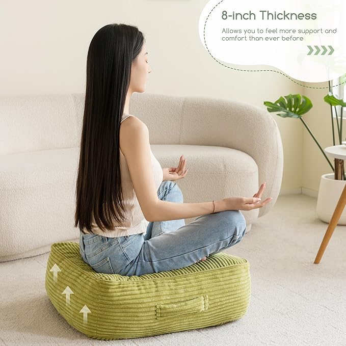 HIGOGOGO 8" Extra Thick Floor Pillow Cushion for Adults, Meditation Cushion Pillow, Large Square Floor Sitting, Tufted Corduroy Cover, for Tatami Living Room or Yoga, 22x22 Inch, 2Pack, Green