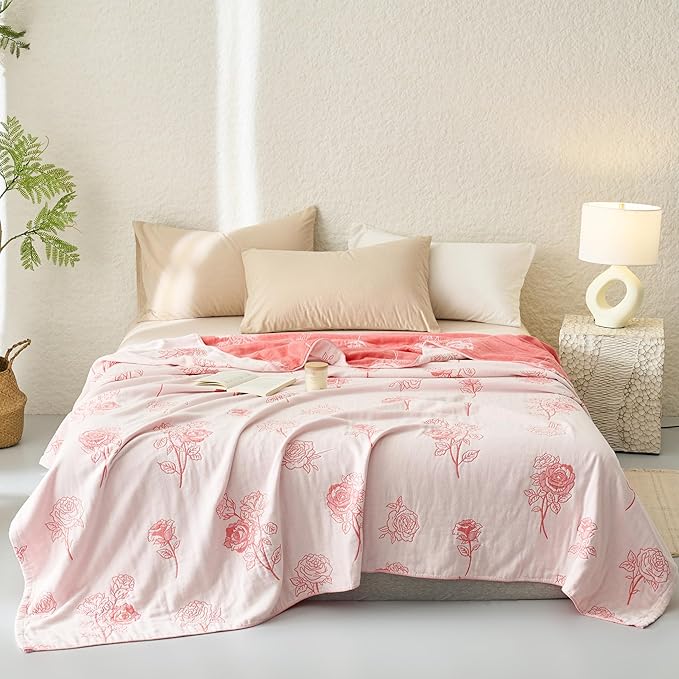 Scientific Sleep Rose Pink White Flower 100% Cotton Muslin Blanket Throw Cover for Bed Couch Sofa Cozy Soft Reversible Bedding Blanket Bedspread Coverlet Full Queen 80 in x 90 in