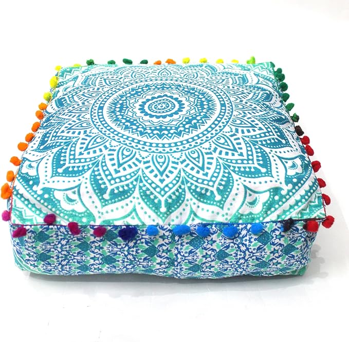 CRAFT KALA Green Ombre Large Hippie Mandala Meditation Floor Ottoman Pillow Cushion Pouf Cover Square Poufs Bohemian Circle Floor Cushion Case Outdoor Fireplace Yoga Living Room Decor Cover 16" Square