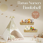 Rattan Nursery Book Shelves, Scalloped Bookshelf, Wicker Wall Decor, Baby Book Shelf, Floating Woven Bookshelves, Boho Decor for Baby and Kids Playroom, Natural Rustic Farmhouse Basket Set of 2