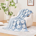 Checkered Throw Blanket, Dusty Blue Super Soft Knit Breathable Throw Blanket, Cozy Fluffy Reversible Checkerboard Flower Fuzzy Blanket for Couch Sofa Bed Living Room Decor 60 x 80 Inch