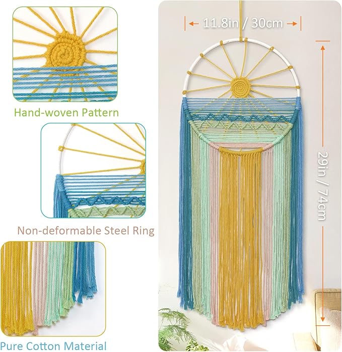 MEIVINES Macrame Wall Hanging,11.8x27.6 Inches Boho Sun Wall Art Decor,Woven Hanging Tapestry Tassels Handmade Colorful Tapestry for Bedroom Living Room Nursery Apartment