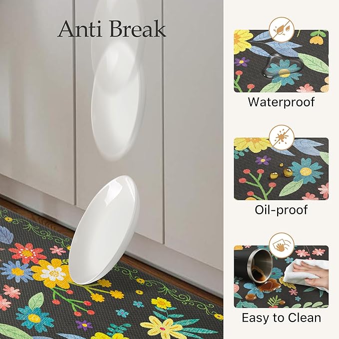 GENIMO Kitchen Mats for Floor 2PCS, Cushioned Kitchen Rugs Non Slip Washable, Farmhouse Anti Fatigue Mat Waterproof, Comfort Standing Mat Rug for Office, Home, Laundry, Sink, 20"x48"+20"x32", Black