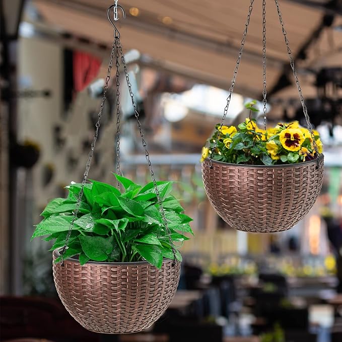 Foraineam 10.2 Inches Round Basket Hanging Planter Dual-pots Design Garden Flower Plant Pots Hanging Planter Baskets with Drainer and Chain for Indoor Outdoor Use