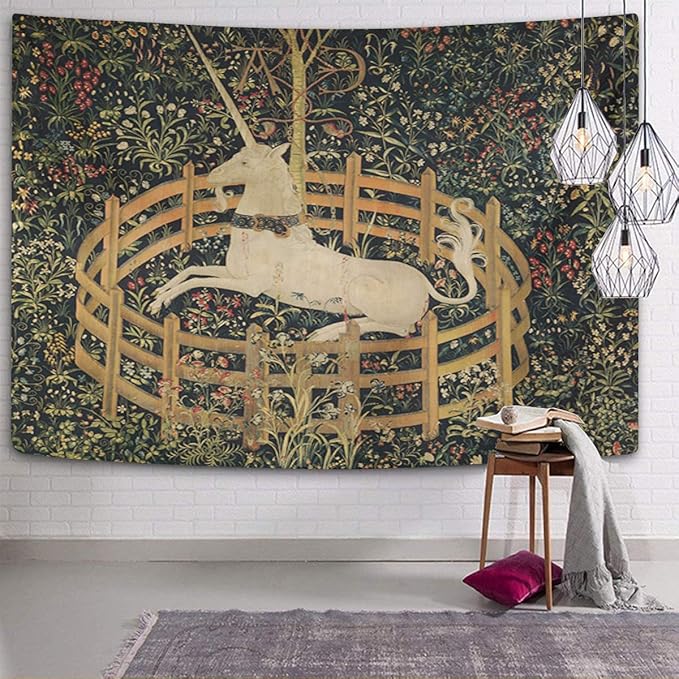 Semtomn Tapestry Artwork Wall Hanging Medieval Vintage Hunting Unicorn Captivity 60x80 Inches Home Decor Tapestries Mattress Tablecloth Curtain Print