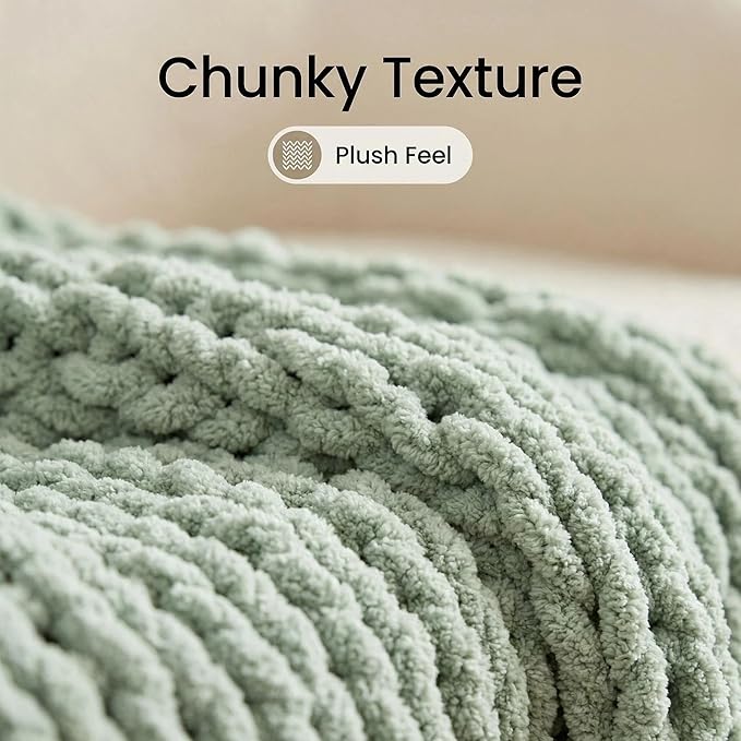 Amélie Home Chunky Knit Throw Blanket for Couch, Soft Chenille Crochet Blanket for Sofa, 50"x60", Sage Green