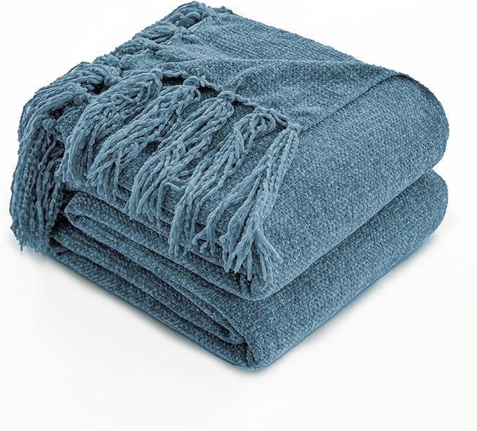Simple&Opulence Soft Chenille Throw Blanket 50'' x 60'' - Cozy Fluffy Blanket with Fringe Tassel, Farmhouse Boho Blankets for Couch Bed Office Chair Gift Home Decor All Season Use, Blue