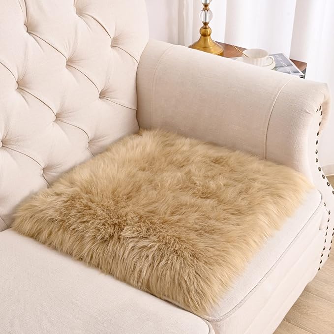 Softlife Camel Faux Fur Sheepskin Chair Cover 2 PCs Seat Cushion Pad Super Soft Area Rugs for Living Bedroom Sofa Dorm (1.6ft x 1.6ft)