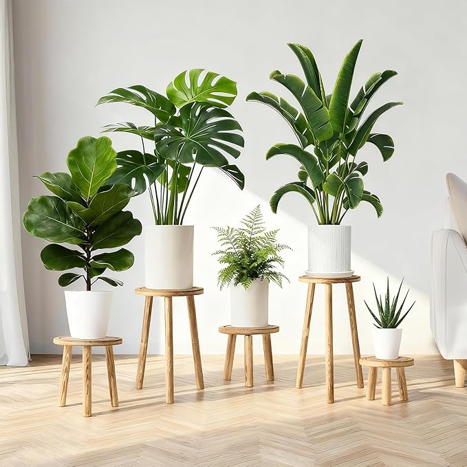 5-Pack Wood Plant Stands Indoor, Single Plant Stand for 6-22 Inch Pots, Mid-Century Modern Plant Stool, Tall Plant Stand for Large Plants Perfect Fit for Living Room, Balcony, Office(Dark Brown)