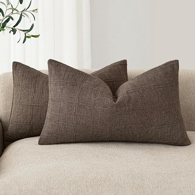 Foindtower Set of 2 Decorative Linen Check Throw Pillow Covers Neutral Farmhouse Lumbar Cushion Covers Modern Boho Home Decor for Sofa Chair Couch Bedroom Living Room,12×24 Inch,Dark Brown