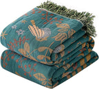 King Throw Blanket for Bed Couch,100% Organic Cotton Reversible Soft Quilt, Birds and Floral Breathable Lightweight Blankets,90"×108" Extra Large Sofa Throws for 3 4 Seater with Tassels,Teal