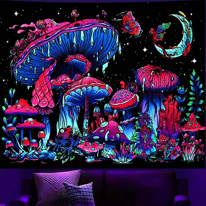 TUGCAY Blacklight Mushroom Tapestry, Glow In The Dark Tapestry Black Light Plant Fantasy UV Reactive Mushroom Butterfly Moon Tapestries Posters Wall Hanging for Bedroom Dorm Decor(60"x80")