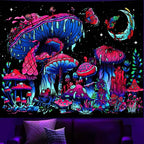 TUGCAY Blacklight Mushroom Tapestry, Glow In The Dark Tapestry Black Light Plant Fantasy UV Reactive Mushroom Butterfly Moon Tapestries Posters Wall Hanging for Bedroom Dorm Decor(50"x60")