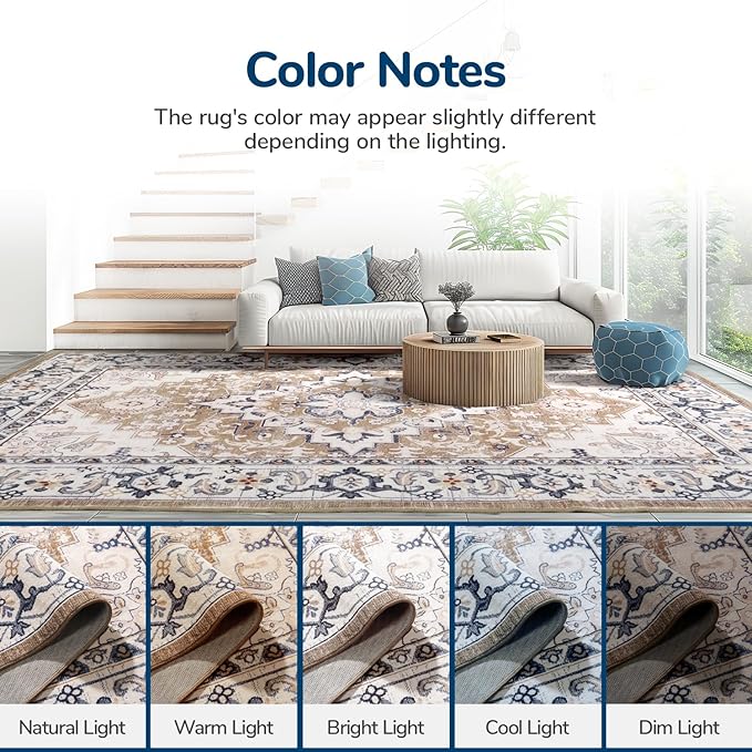 Lessymo 2 x 6 Runner Rug- Machine Washable Area Rugs Boho Faux Wool Low Pile Area Rug for Bedroom, Floral Medallion Vintage Rugs with Non-Slip Rubber,Brown Beige