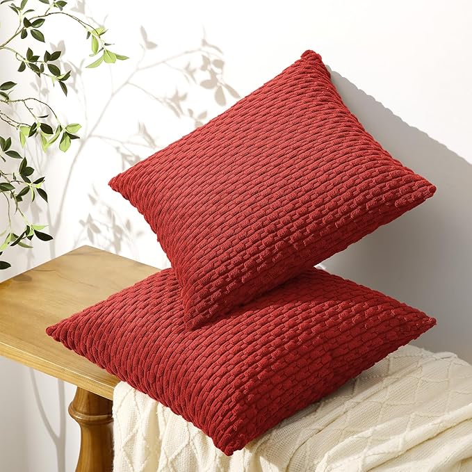 Softalker Throw Pillow Covers 18x18 Inch, Set of 2, Soft Corduroy Boho Stripe Decorative Pillow Cover, Couch Fluffy Pillow Cover for Farmhouse Home Decor Bed Living Room, Red