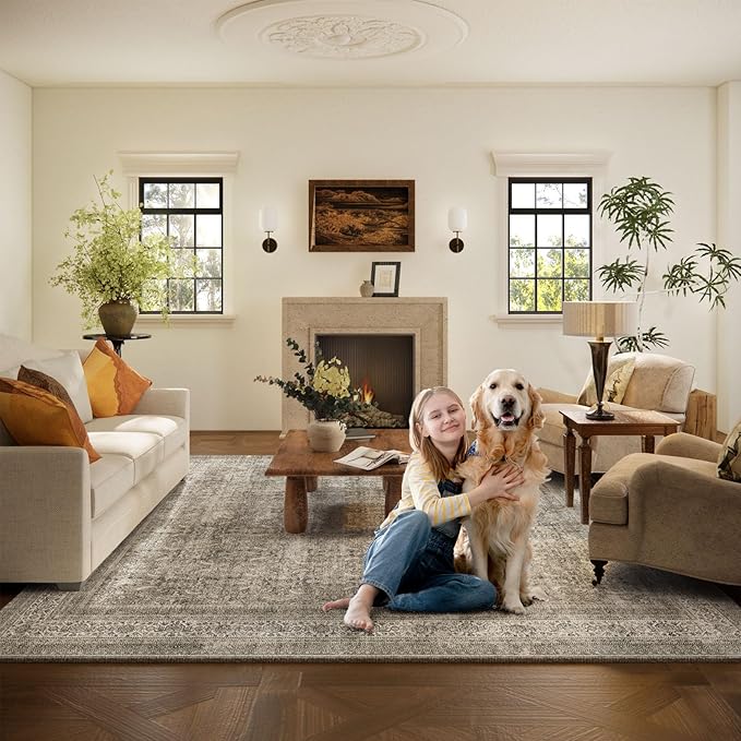 Washable Area Rugs for Living Room: 6x9 Bedroom Rug Boho Vintage Area Rug Stain Resistant Non Slip Low Pile Lightweight Soft Carpets for Dining Room Kitchen Nursery Kids Room Farmhouse