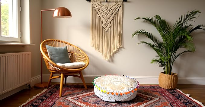 INDIAN CRAFT CASTLE ICC Mandala Barmeri Large Floor Pillow Cover Cushion Meditation Seating Ottoman Throw Cover Hippie Decorative Zipped Bohemian Pouf Ottoman Cases Golden, 16" Round