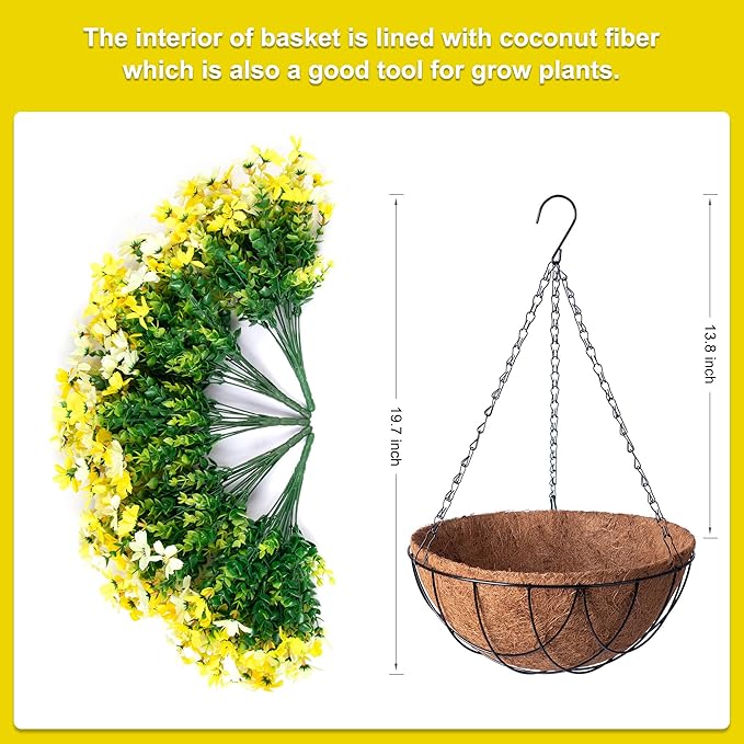 Artificial Flowers with Hanging Planter for Outdoor Decor, Faux Silk Daisy UV Resistant Plants in Basket for Indoor Porch Garden Yard Spring Summer Decor(Yellow)