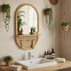 Wall Mirror with Hooks, 30x18 Inch Boho Wall Mirror with Removable Shelf, Oval Solid Wood Framed, Handmade Rattan Mirror Decor Accent for Entryway, Bathroom, Nursery, Bedroom, Living Room