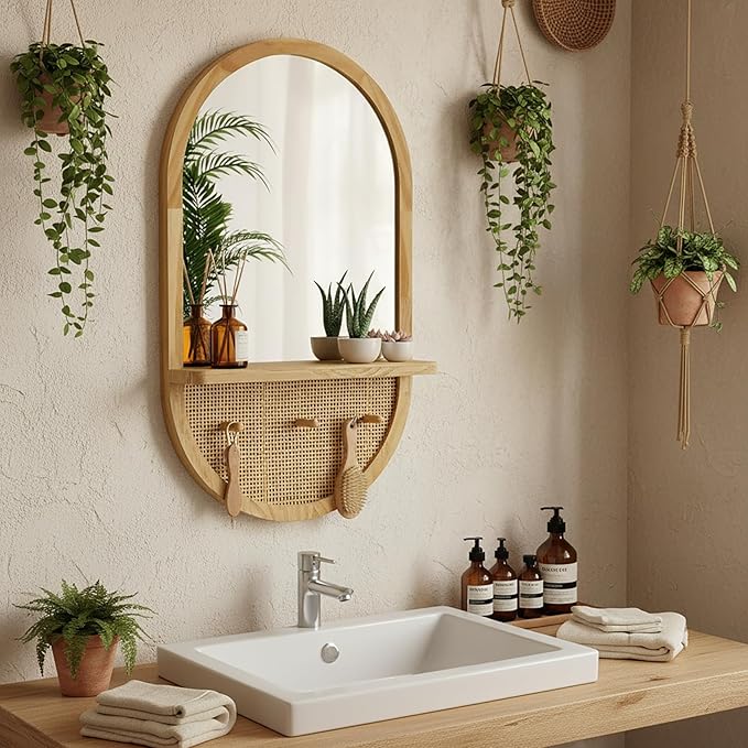 Wall Mirror with Hooks, 30x18 Inch Boho Wall Mirror with Removable Shelf, Oval Solid Wood Framed, Handmade Rattan Mirror Decor Accent for Entryway, Bathroom, Nursery, Bedroom, Living Room