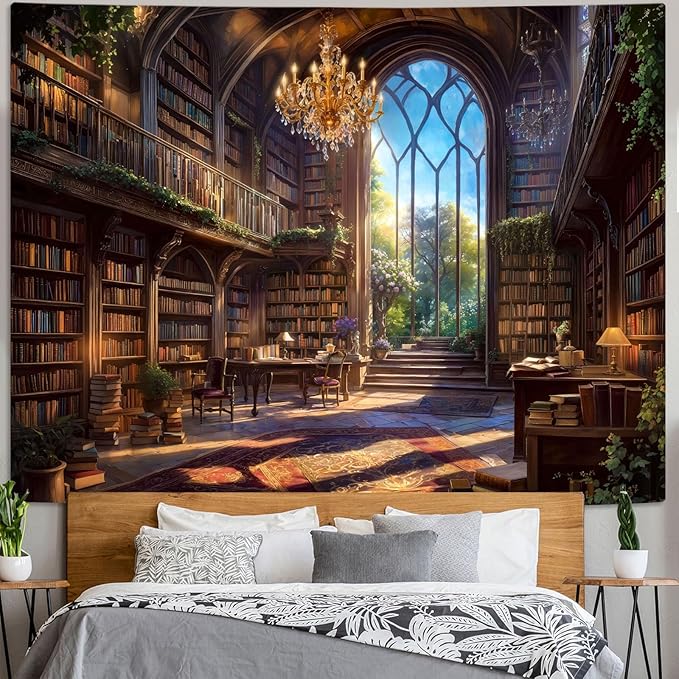 Accnicc Vintage Library Tapestry Medieval Bookshelf Tapestries Wall Hanging Fantasy Academia Hall Book Backdrop Extra Large Tapestry for Bedroom Living Room Dorm Classroom 90 x 68 inch
