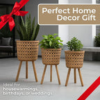 Set of 3 Woven Basket Decorative Planter Pot with Stand – Handcrafted Bamboo Pine Wood Outdoor & Indoor Plant Pot – Boho Garden & Home Decor Planters – 19", 22", & 26", Brown