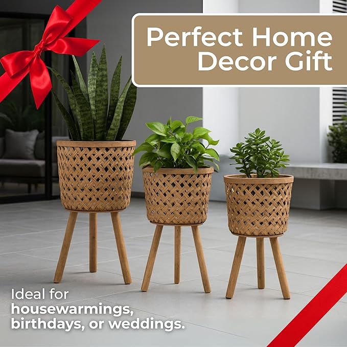 Set of 3 Woven Basket Decorative Planter Pot with Stand – Handcrafted Bamboo Pine Wood Outdoor & Indoor Plant Pot – Boho Garden & Home Decor Planters – 19", 22", & 26", Brown