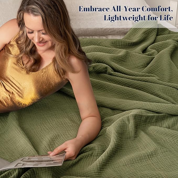 PHF 100% Cotton Muslin Blanket Twin XL Size 66"x90", 4-Layer Lightweight Gauze Throw, Breathable Cloud-Soft Minimalist Blanket for Bed, Couch, Camping & Baby, Olive Green, Ideal Gift