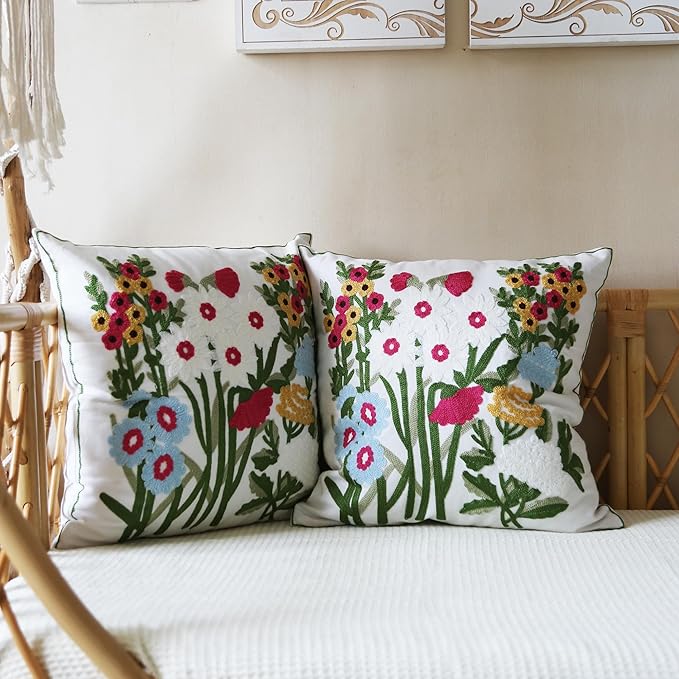Embroidered Throw Pillow Cover Boho Floral Pillow Covers for Couch Sofa 3D Big Flowers Bohemian Pillow Covers Red Blue White Botanical Leaves 2PCS Pillowcase Covers 18x18 Inch