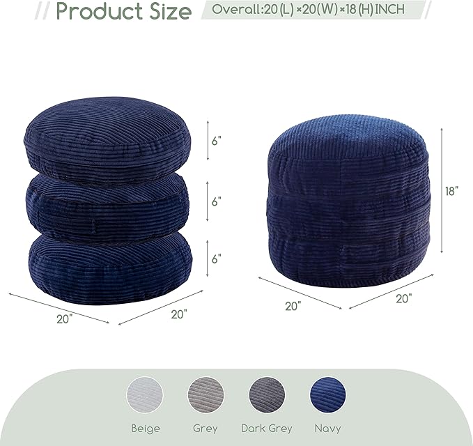 HIGOGOGO Pouf Ottoman Stuffed Round Modern Foam Filled Foot Rest Poufs 20 X 18 Inches Modular Ottomans Separated Into Floor Cushions for Living Room Chair Decorative Stool, Navy
