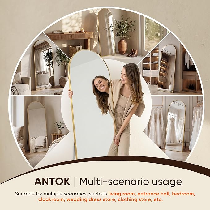 Antok Full Length Mirror, 71"x32" Floor Mirror, Arched Floor Standing Freestanding Arch Full Body Mirrors with Stand for Bedroom, Hanging Mounted for Living Room Cloakroom,Gold