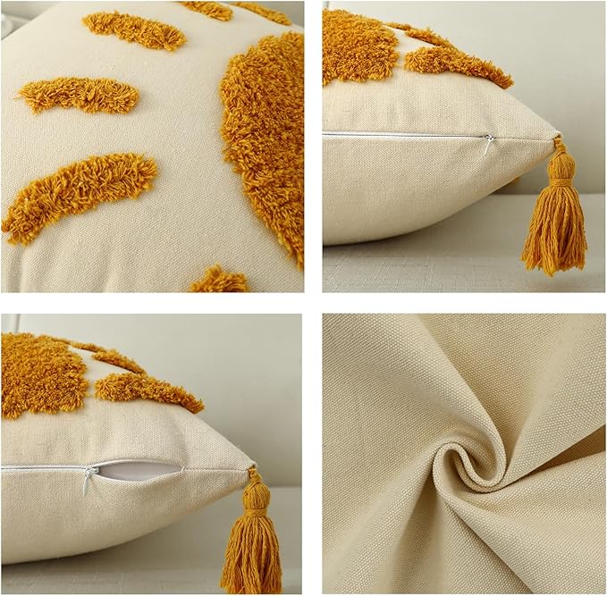 Boho Throw Pillow Covers 18x18, Woven Tufted Sun Decorative Pillow Covers with Tassels Moroccan Modern Pillowcase for Sofa Bedroom Living Room Home Decor, Yellow