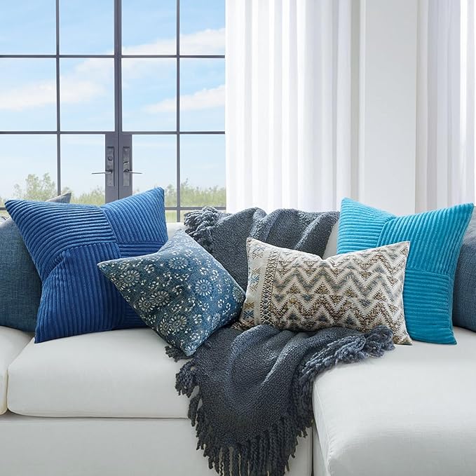 Topfinel Light Blue Decorative Throw Pillow Covers,20x20 Pillow Covers Set of 4 with Striped Corduroy,Boho Soft Accent Cushion Covers for Couch,Bed,Living Room Home Decor