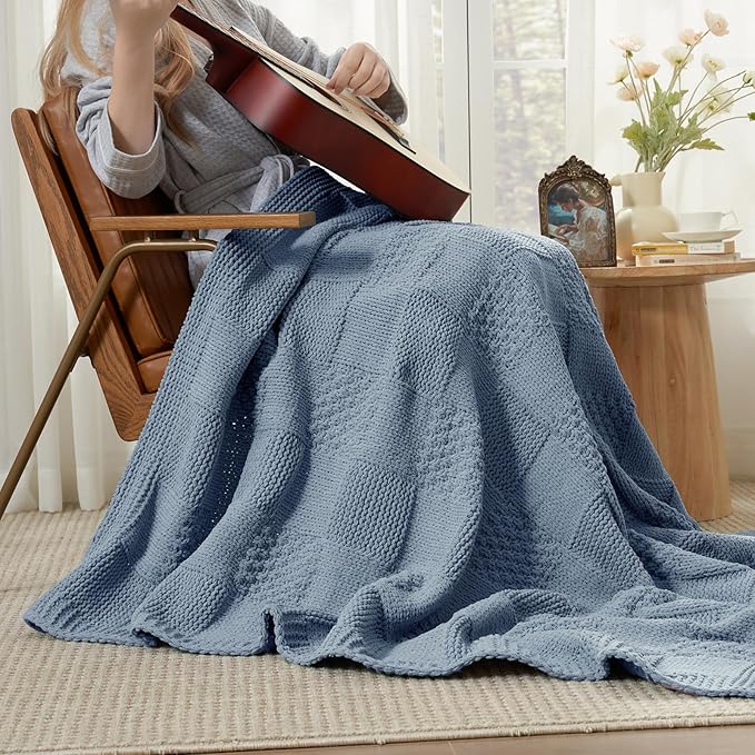 Amélie Home Checkered Chenille Knit Throw Blanket for Couch, Classic Texture Decorative Soft Blanket for Sofa, Chair & Bedroom, 50"x60", Washing Blue