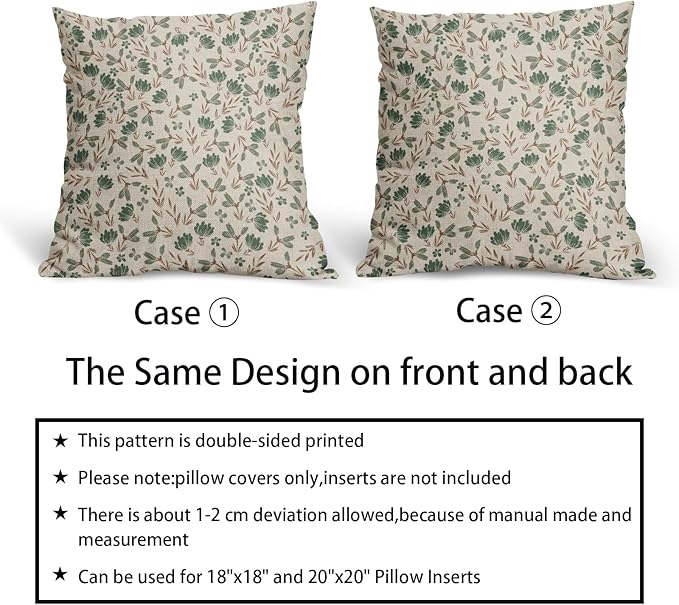 Brown Green Floral Pillow Covers 20x20 Set of 2 Vintage Rustic Old Style Cute Small Flower Print Decorative Outdoor Pillowcases Farmhouse Throw Cushion Case Decor for Couch Sofa Bed