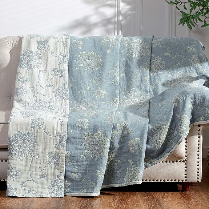 jinchan Boho 100% Cotton Muslin Twin Size 60x80 Inches Blanket Lightweight 4-Layer Quilted Soft Blue and White Floral Throw Blanket Green Accents Reversible Comfy Flower Summer Couch Bedroom Decor